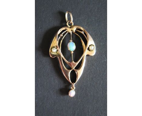 An Art Nouveau 9ct Gold, White Opal and Pearl Pendant, 52mm drop, 3.9g 