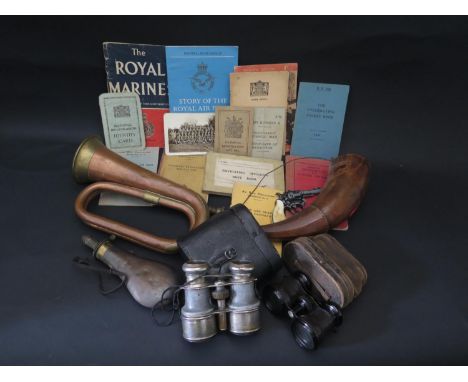 A Selection of Oddments including powder flasks, copper and brass bugle, binoculars, Air Raid precautions booklet etc. 