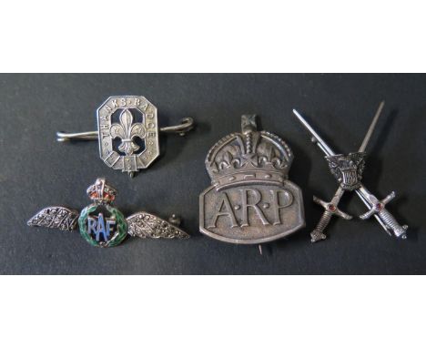 A Silver and Enamel, Marcasite Inlaid R.A.F. Sweetheart Brooch (42mm), silver A.R.P brooch, silver Scouts THANKS BADGE and on