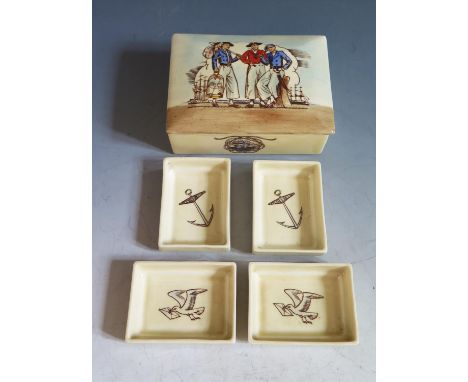 A Royal Doulton Ceramic Cigarette Box decorated with three sailors and containing four ashtrays decorated with anchors and gu