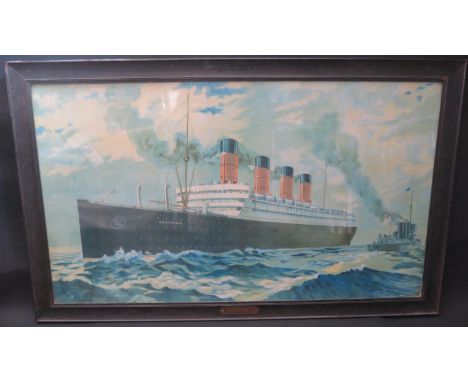 Aquitania, print, in ebonised glazed frame with brass CUNARD LINE plaque, 95x54.5cm 