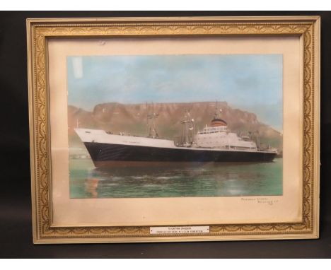 A Tinted Photographic Print of M.V. Clan Robertson, Peninsula Studios Belleville C.P. 1966, with presentation plaque to Capta