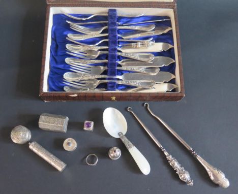 A Selection of Sterling and .800 Silver Boxes etc. (including Oman), two silver handled button hooks and plated fish eaters 