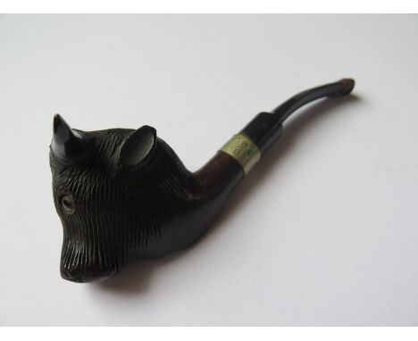 An RAOB French Made Hand Carved Pipe in the form of a buffalo mask with silver collar to stem, 14cm long 