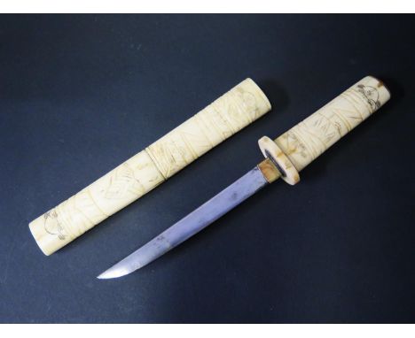 A Japanese Tanto with Bone handle and scabbard, blade 14.8cm 