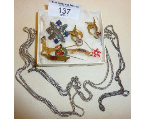 White metal long muff type chain, enamel badges etc.