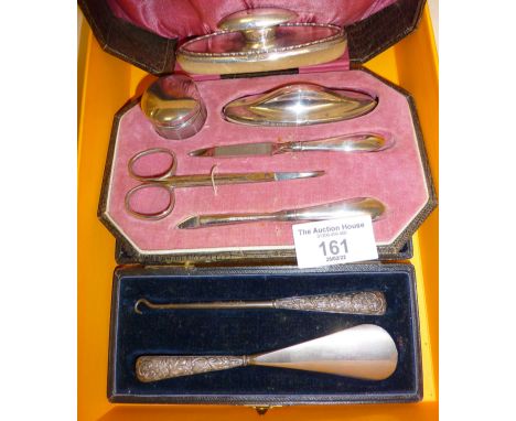 1920's Sterling silver handled manicure set in case, and another matching silver handled button hook and shoehorn in case