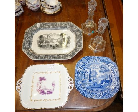 Royal Worcester "The Chamberlain" plate, black and white transfer plate, pair glass candlesticks and a Copeland Spode blue an