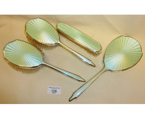 Four piece guilloche enamel over Sterling silver vanity brush and mirror set. Hallmarked for London 1940 Mappin &amp; Webb