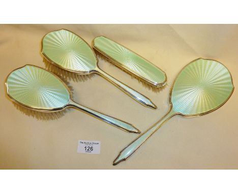 Four piece guilloche enamel over Sterling silver vanity brush and mirror set. Hallmarked for London 1940 Mappin &amp; Webb