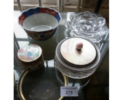 Small Chinese lidded pot, Oriental Imari bowl, cut glass bowl with enamel cover and a glass dish