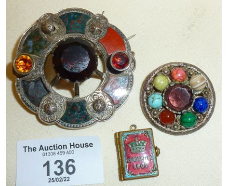 Large silver antique Scottish Cairngorm brooch (one agate piece missing), another brooch, and an enamel fob medal souvenir al