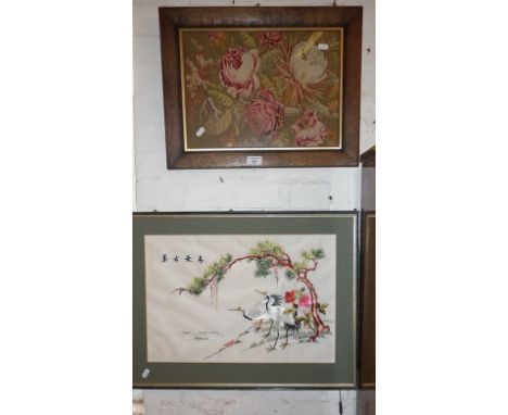 Victorian tapestry picture in oak frame and a Japanese embroidered silk picture