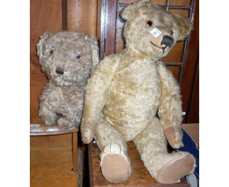 Large Victorian mohair long snout, humpback jointed teddy bear, with big glass eyes, 27" long, and a similar Teddy dog