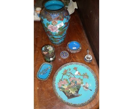 Small Japanese Cloisonné tray, an enamel and glass salt, and a Cloisonné visiting card stand. Together with a large Cloisonné