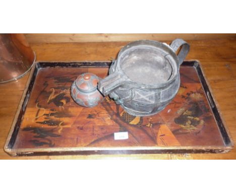 Japanese lacquer wood tray, Chinese earthenware lidded pot with pewter overlay decoration and an ancient wood and metal Easte