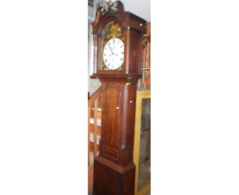 19th c. oak 8-day long case clock by R. Murray of Lauder, Scotland, the arch topped dial with painted decoration of Scottish 