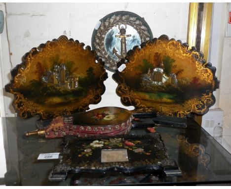 Pair Victorian lacquered papier mache bookends, a similar inkstand, bellows and a shells framed mirror with anchor thermomete
