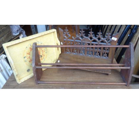 Carved walnut Gothic wall shelf (A/F), a shoe rack and a painted wood tray