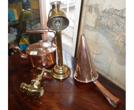 Victorian copper kettle, copper beer ladle, a brass Student's candlestick and a heavy brass valve tap