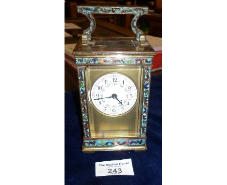 Victorian brass &amp; champleve enamel carriage clock with enamel dial, 8-day French movement, needs attention to platform es