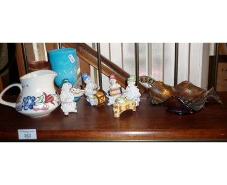 Poole jug, a four-piece pottery Monkey Band and two glass items