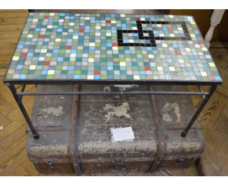 A mosaic top coffee table and a travelling trunk