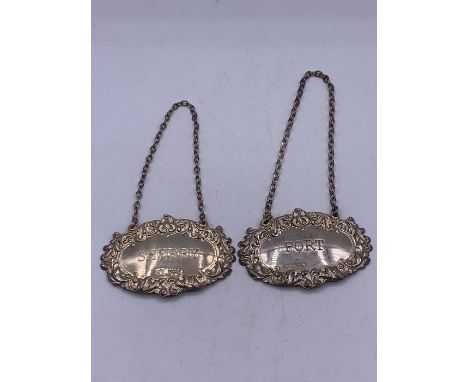 Silver decanter labels for 'Port' and 'Sherry' hallmarked Birmingham.