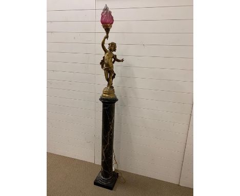 A marble plinth with cherub lamp and flame glass lamp shade (shade AF)