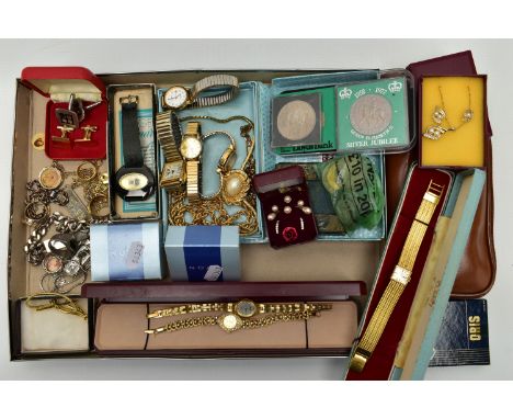 A BOX OF ASSORTED JEWELLERY, to include a heavy silver identification bracelet, fitted with a spring clasp, hallmarked Birmin