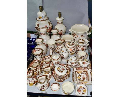 THIRTY THREE PIECES OF MASONS IRONSTONE CERAMICS, mainly 'Brown Velvet' pattern comprising two table lamps heights 44cm and 3