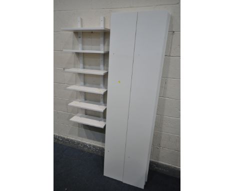 SIX IKEA WHITE FINISH FLOATING WALL SHELVES, length 190cm (condition:-one shelf damaged) and a six tier wall shelf (7)