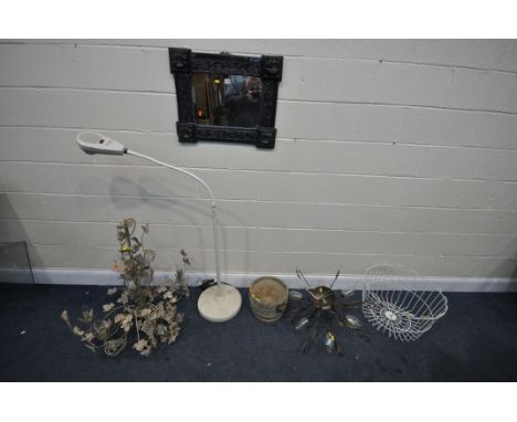 A SELECTION OF MISCELLANEOUS ITEMS, to include a blue painted cast metal mirror, a Welch Allyn LS-135 medical lamp, a garden 