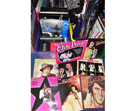 TWO BOXES OF ELVIS PRESLEY RECORDS AND CDS, to include forty nine vinyl LPs, three record sets, twelve CD sets, CDs, 'The Elv