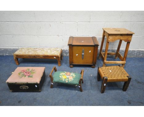 A SELECTION OF OCCASIONAL FURNITURE, to include a pine slatted stool, oak log box, long footstool, three various other low st