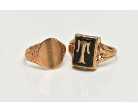 A 9CT GOLD SIGNET RING AND A YELLOW METAL INIITIAL SIGNET RING, the AF polished oval signet ring, with floral engraved should