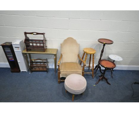 A SELECTION OF OCCASIONAL FURNITURE, to include a gold finish hall table, two wine tables, torcher stand, two magazine racks,