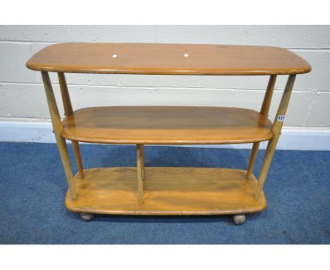 AN ERCOL ELM AND BEECH THREE TIER  TROLLEY BOOKCASE, length 91cm x depth 32cm x height 71cm (condition - minor surface marks,