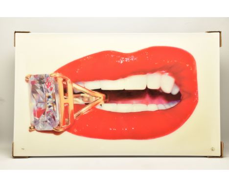 RORY HANCOCK (WELSH 1987) 'ROCK CANDY', a signed limited edition box canvas print of a mouth and a diamond ring, 23/95, with 