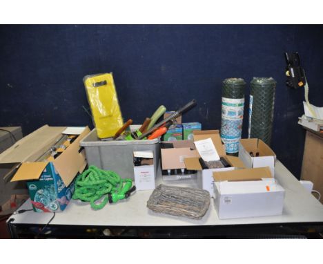 A COLLECTION OF NEW BOXED AND USED GARDEN SOLAR LAMPS, garden mesh and garden tools