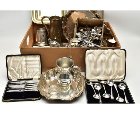 A BOX OF ASSORTED WHITE METAL WARE, to include a small box of collectable teaspoons, such as a single 'Rolex, Bucherer of Swi