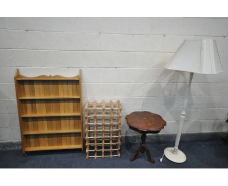 AN LIGHT OAK HANING PLATE RACK, 84cm x 129cm, a wine rack, Italian tripod table and a white finish standard lamp with a fabri