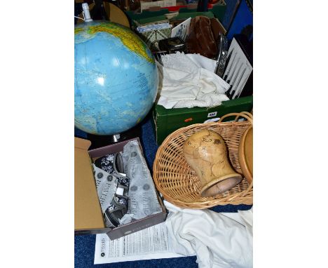 A BOX AND LOOSE GLOBE, RECORDS, TILES AND SUNDRY HOMEWARES, to include a 1983 Rath Fisical Globe, nine vinyl LPs to include M