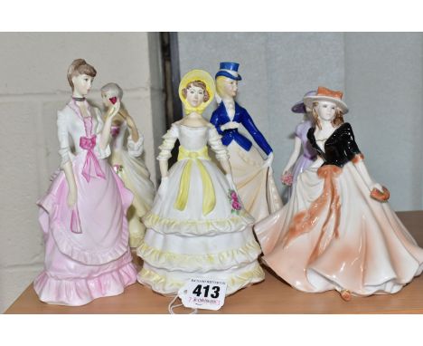 SIX ROYAL WORCESTER FIGURINES, comprising three matte glazed figurines 'Invitation', 'Crinoline' and 'Fragrance', a semi-matt