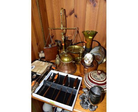 A GROUP OF METALWARE, comprising a boxed set of six silver coffee spoons with black coffee bean ends, hallmarked Birmingham 1