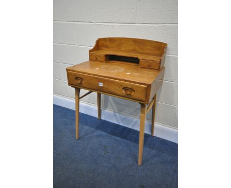 AN ERCOL ELM AND BEECH WRITING DESK, with a raised back with shelving and two drawers, above a single drawer, on square taper