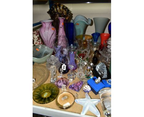 A COLLECTION OF GLASSWARE, to include four Caithness swirly coloured vases tallest 13cm, an opalescent starfish paperweight m