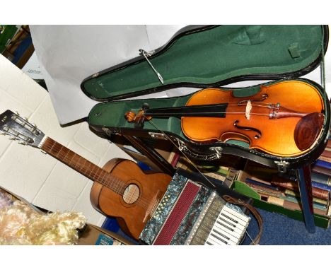 AN ACCORDION, VIOLIN AND ACOUSTIC GUITAR, comprising a cased Mazzini accordion with green body, a Tatra Classic de luxe acous