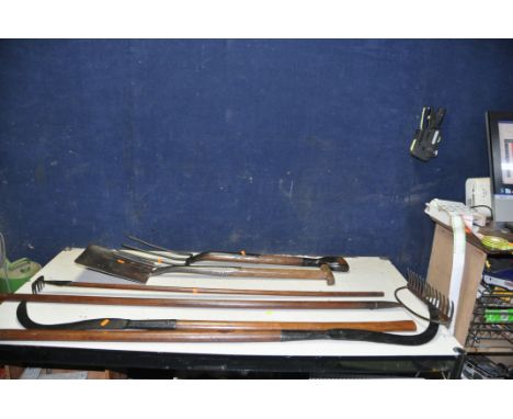 SIX VINTAGE GARDENING EQUIPMENT all in restored condition including a spade, fork, rake, forked hoe, etc