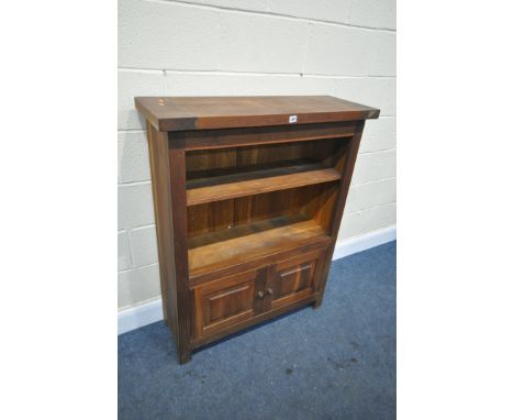 A HEAVY SOLID OAK OPEN BOOKCASE, with a single shelf, above double fielded panel cupboard doors, width 97cm x depth 36cm x he